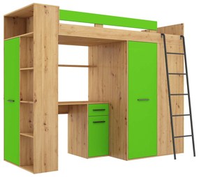 Poschodová posteľ 90 cm Vivian (P) (s roštom) (dub artisan + zelená). Vlastná spoľahlivá doprava až k Vám domov. 1048529