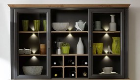 Nástavná vitrína s priehradkami Jasmin, grafit/dub, s osvetlením