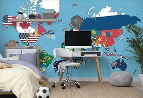 Samolepiaca tapeta mapa sveta s vlajkami - 375x250