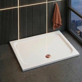 Obdĺžniková akrylátová sprchová vanička REA BELMOND 120x90 biela, krytka - kartáčovaná meď