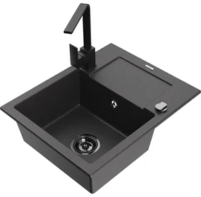 Mexen Enzo, granitový drez 576x465x174 mm, 1-komorový, čierna matná batéria Rita, čierna škvrnitá, 6506-76-670300-70-B