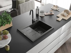 Mexen Ben, 1-komorový granitový drez 600x500x190 mm, pravý + čierny sifón, čierna-zlatá metalíza, 6523605000-75-B