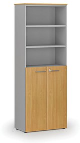 Kombinovaná kancelárska skriňa PRIMO GRAY, dvere na 3 poschodia, 2128 x 800 x 420 mm, sivá/buk