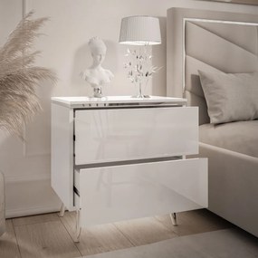 NOČNÝ STOLÍK NESSIE 2 BIELY LESK + STRIEBORNÝ NOŽIČKY 13 cm LED