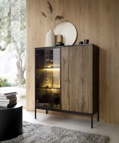 Skrinka s vitrínou Sento, čierna/dub wotan, s osvetlením