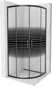 Mexen Rio, štvrťkruhový sprchovací kút s posuvnými dverami 80(dvere) x 80(dvere) x 190 cm, 6mm číre sklo s pásikmi, čierny profil, 863-080-080-70-20