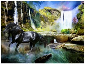 Artgeist Fototapeta - Horse on the background of sky-blue waterfall Veľkosť: 200x154, Verzia: Premium