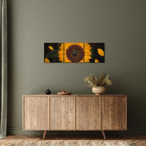Obraz - Slnečnice a lístky kvetov (s hodinami) (90x30 cm)