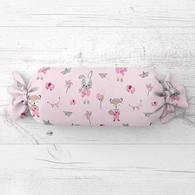 Biante Detský vankúš valec bonbon Sandra SA-466 Zajačikovia a líšky s balónikmi na ružovom 15x40 cm