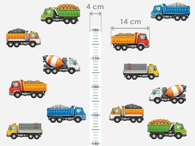 Detský meter s nákladnými autami textilní prelepiteľná nálepka na stenu výška 160 cm