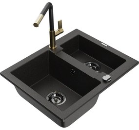 Mexen Carlos, 1,5-komorový granitový drez 582x475x177 mm a drezová batéria Flora, čierna-zlatá metalíza, 6518-75-670401-57-B