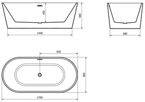 Mexen Luna, voľne stojaca vaňa 170 x 80 cm, biela-čierna, ružové zlato prepad, 52031708075-60
