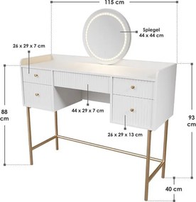 Toaletný stolík s LED zrkadlom, 5 zásuviek, biela/zlatá