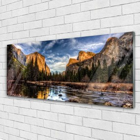 Obraz na akrylátovom skle Hora les jazero príroda 125x50 cm