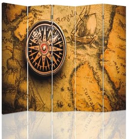Ozdobný paraván, Kompas na staré mapě - 180x170 cm, päťdielny, klasický paraván