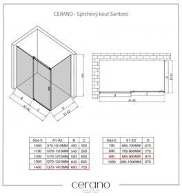 Cerano Santoro, sprchovací kút s posuvnými dverami 140(dvere) x 90(stena) x 195 cm, 6mm šedé sklo, čierny profil, CER-CER-425494