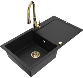 Mexen Leo, 1-komorový granitový drez 900x500x190 mm a drezová batéria Savita, čierna, 6501-77-672601-50