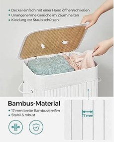 Bambusový kôš na bielizeň, skladací s objemom 72 l, 40 x 30 x 60 cm, biely