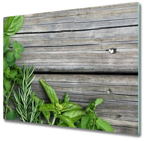 Sklenená doska na krájanie Drevené pozadie byliny 60x52 cm