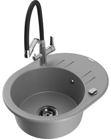 Mexen Kevin, granitový drez 586x458x190 mm, 1-komorový a biela batéria Duo, šedá, 6517-71-671701-07-B
