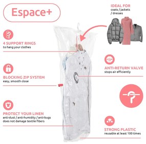 Súprava 4 závesných vakuových úložných obalov na oblečenie Compactor Hanging Vacuum Bags, 105 x 70 cm