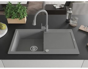 Mexen Leo, 1-komorový granitový drez 900x500x190 mm a drezová batéria Elia, šedá, 6501-71-670101-71