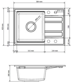 Gamma Modern 6040, 1-komorový granitový drez 580x420x185 mm s krátkym odkvapkávačom, čierna so zlatými bodmi, GMA-ZM-6040-GD