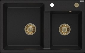 Mexen Tomas, granitový drez 800x500x190 mm, 2-komorový, čierna so zlatým sifónom, 6516802000-77-G