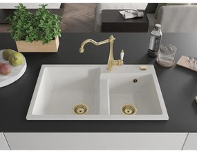 Mexen Tomas, granitový drez 800x500x190 mm, 2-komorový a drezová batéria Carla, biela, 6516-20-670700-50