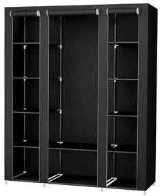 Látková úložná skriňa s policami a vešiakovou tyčou MATIS 150x175 cm čierna