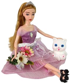 Lean Toys Bábika Emily v ružových šatách s mačiatkom a kvietkami