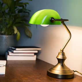 Klasická stolná lampa/notárska lampa bronzová so zeleným sklom - Banker