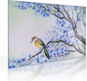 Sklenený obraz - Vtáčik na strome s modrými kvetmi (70x50 cm)