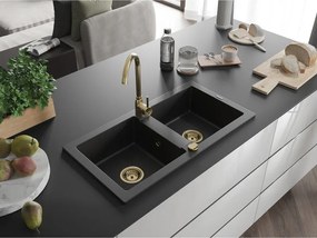 Mexen Mario, granitový drez 820x436x161 mm, 2-komorový, čierna so zlatým sifónom, 6504822000-77-G