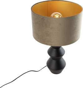 Dizajnová stolová lampa s čiernym zamatovým tienidlom taupe so zlatom 35 cm - Alisia
