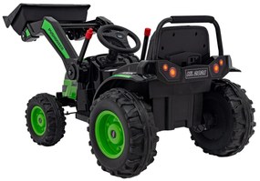 Zelený detský traktorový bager na batérie + pohyblivé rameno + diaľkové ovládanie + pomalý štart + FM rádio + LED