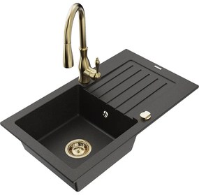 Mexen Pablo, granitový drez 752x436x161 mm, 1-komorový a drezová batéria Savita, čierna-zlatá metalíza, 6510-75-672601-50