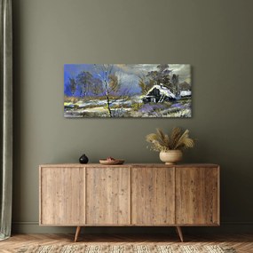 Obraz chalúpky v zimnej krajine, olejomaľba (120x50 cm)