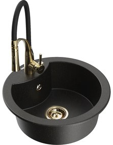 Mexen Diego, 1-komorový granitový drez 488x488x167 mm a drezová batéria Aster, čierna-zlatá metalíza, 6512-75-73450-57-G