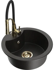 Mexen Diego, 1-komorový granitový drez 488x488x167 mm a drezová batéria Aster, čierna-zlatá metalíza, 6512-75-73450-57-G