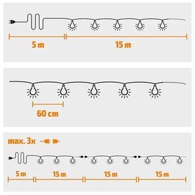 SOLIGHT LED vonkajšia reťaz s žiarovkami, 25 žiaroviek, 15m +5m, 20W, teplá biela