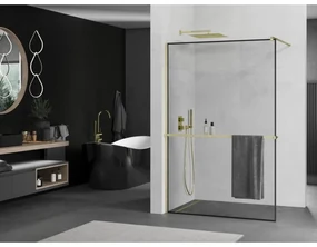 Mexen Kioto+, sprchová zástena Walk-In s poličkou a vešiakom 70 x 200 cm, 8mm číre sklo čierny vzor, zlatý matný profil, 800-070-121-55-70