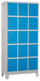 Kovová šatníková skrinka - 15 boxov, 90 x 40 x 195 cm, pevné nohy, cylindrický zámok, modrá - ral 5012