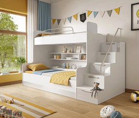 DETSKÁ POSCHODOVÁ POSTEĽ KLARA + SCHODY + POLICE SKRINKY BIELA