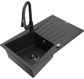Mexen Cesar, 1-komorový granitový drez 775x470x190 mm a drezová batéria Elia, čierna-zlatá metalíza, 6514-75-670101-70-B