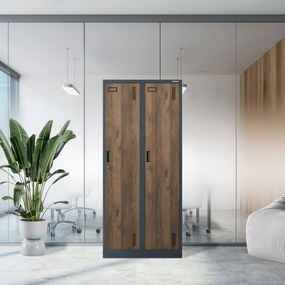 Kovová šatňová dvojmodulová skriňa na sokli s policou KACPER, 800 x 1800 x 500 mm, Eco Design: antracitová/ orech