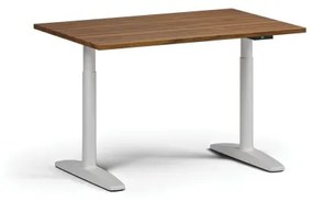 Výškovo nastaviteľný stôl OBOL, elektrický, 675-1325 mm, doska 1200x800 mm, biela zaoblená podnož, orech
