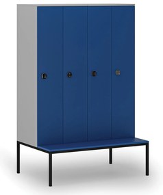 Drevená šatníková skrinka S4 s lavičkou, 4 oddiely, 1871 x 1200 x 500/800 mm, demont, kódový zámok, sivá / modrá