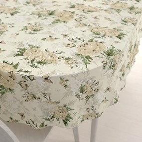 Biante Bavlnený oválny obrus Sandra SA-473 Pivonky s motýlikmi na vanilkovom 120x140 cm