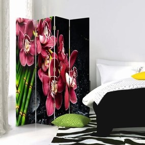 Ozdobný paraván, Orchidej s bambusem - 145x170 cm, štvordielny, obojstranný paraván 360°